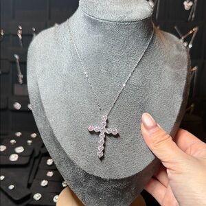 Silver Cross Necklace with Moissanite Accents
